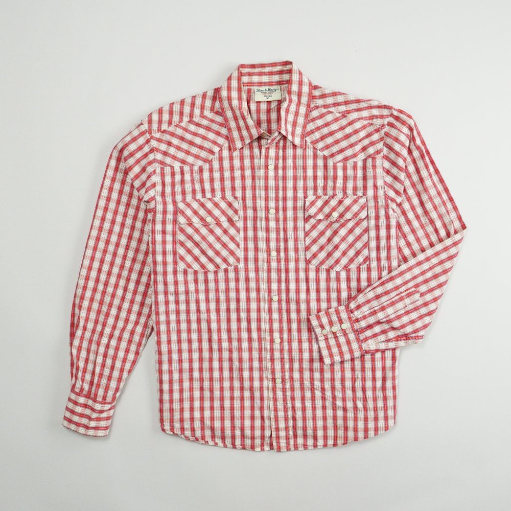 Steve & Barrys Western Shirt Mens Size Medium Red Plaid Pearl Snap Long Sleeve